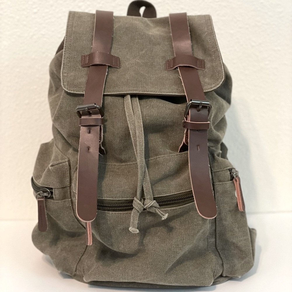 Guang Tong - Flap Over Drawstring Backpack - Canvas with Leather - Laptop Pocket